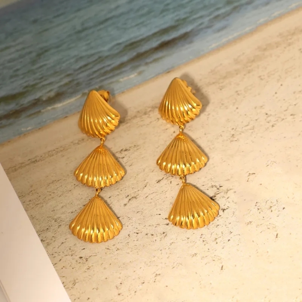 Trendy Boutique Gold Triple Shell Earrings